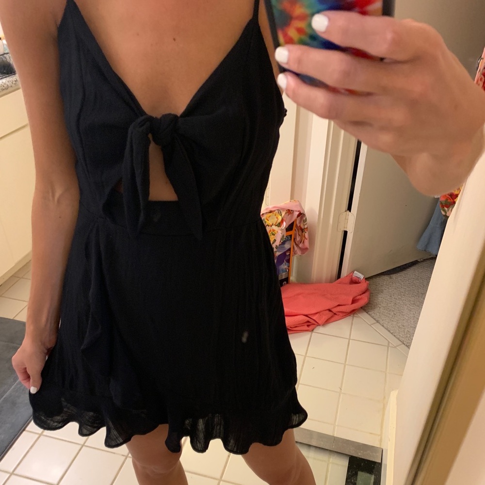 Black faux wrap front tie cut out mini dress
